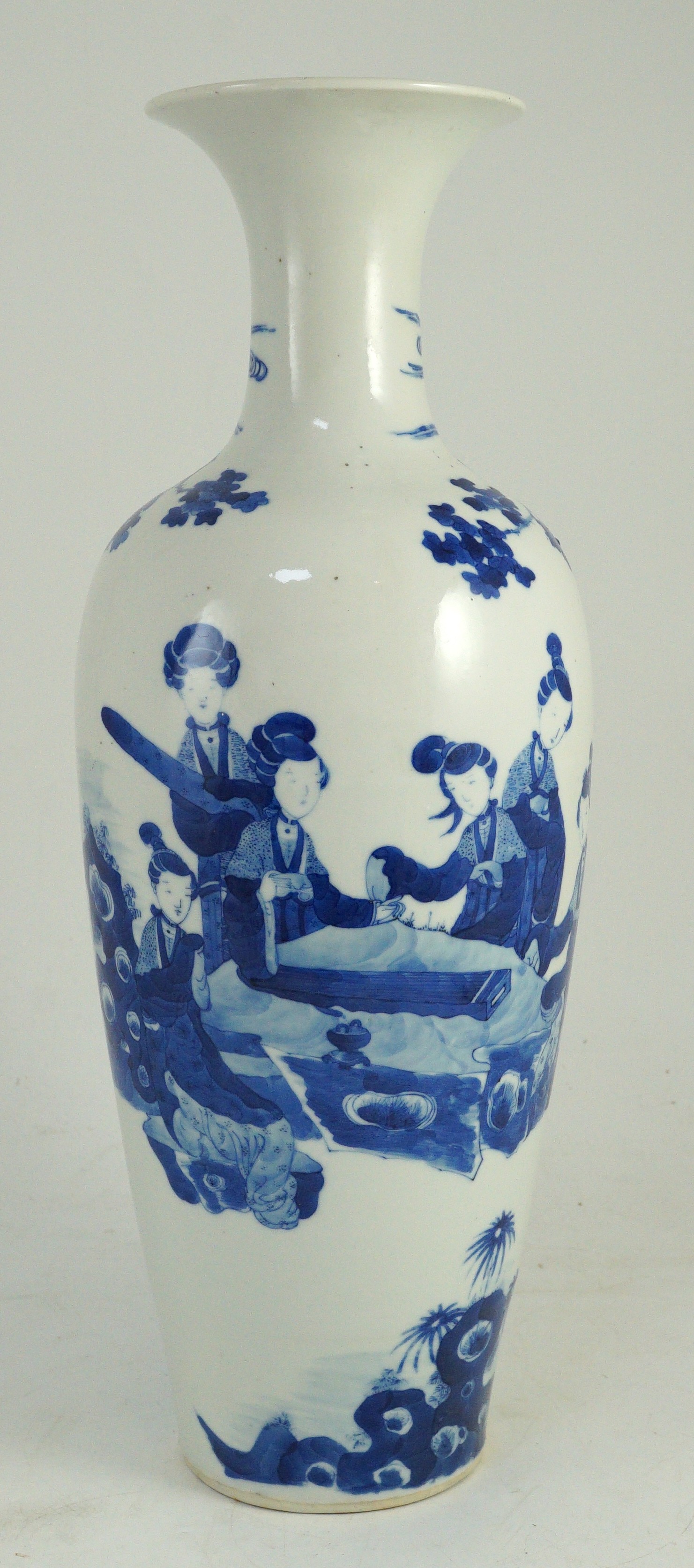 A tall Chinese blue and white ladies vase, laifu zun, 19th century, 44.5cm high, neck restored